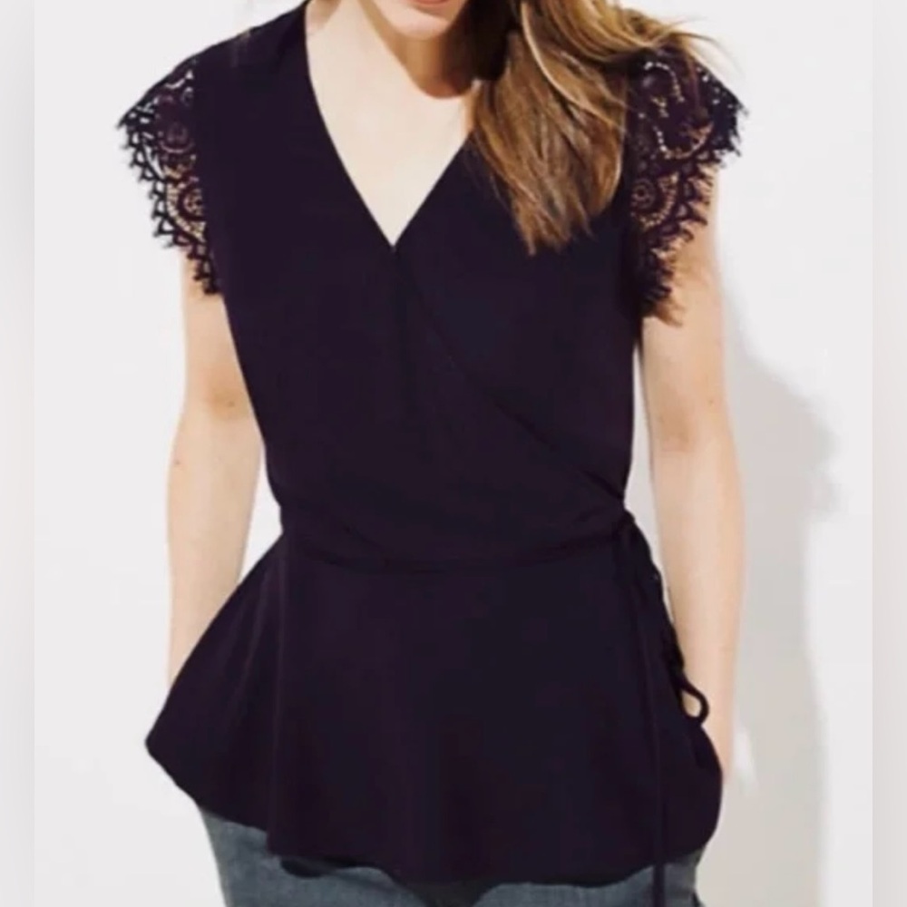 LOFT Black Lace Sleeve Wrap Blouse